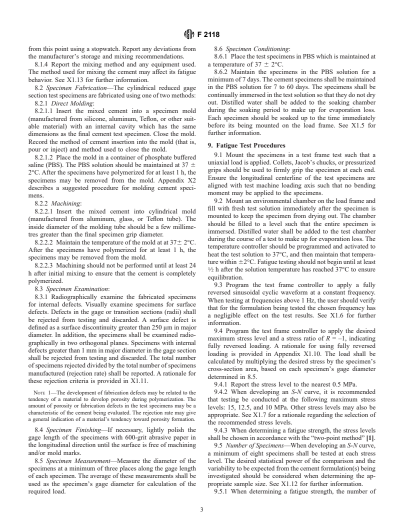 ASTM F2118-01 - Test Method for Constant Amplitude of Force Controlled Fatigue Testing of Acrylic Bone Cement Materials