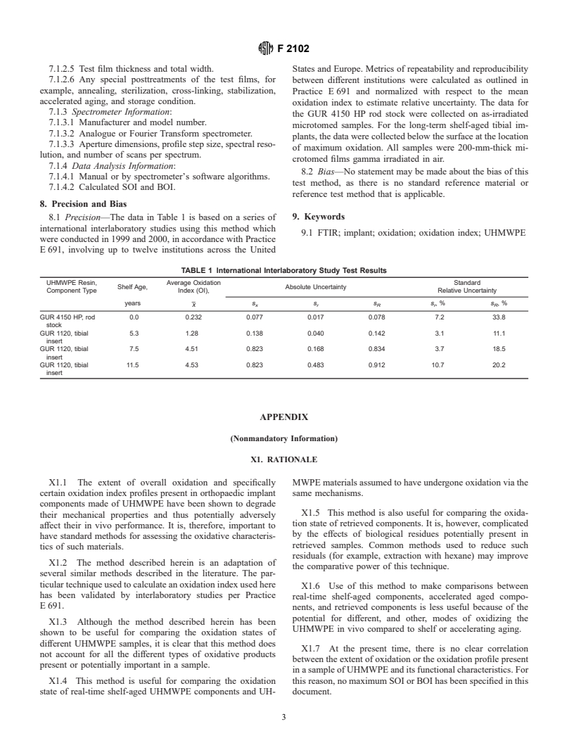 ASTM F2102-01 - Standard Guide for Evaluating the Extent of Oxidation in Ultra-High-Molecular-Weight Polyethylene Fabricated Forms Intended for Surgical Implants