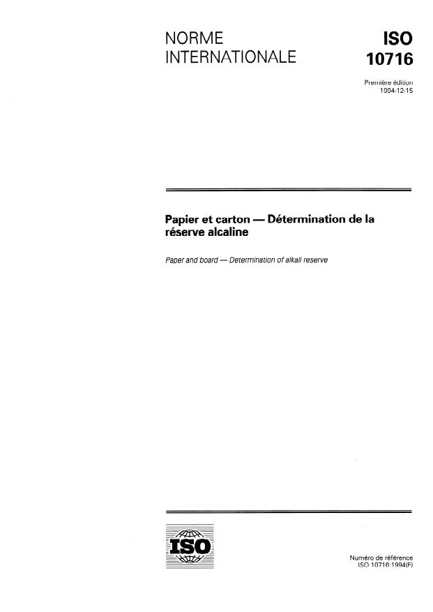 ISO 10716:1994 - Papier et carton -- Détermination de la réserve alcaline