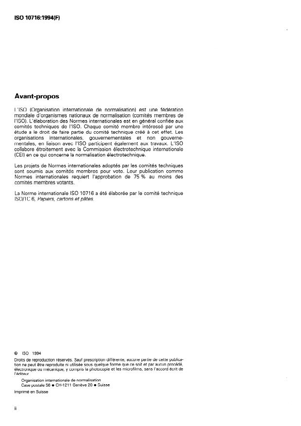 ISO 10716:1994 ISO 10716:1994 - Papier et carton -- Détermination de la réserve alcaline - Page 2 preview