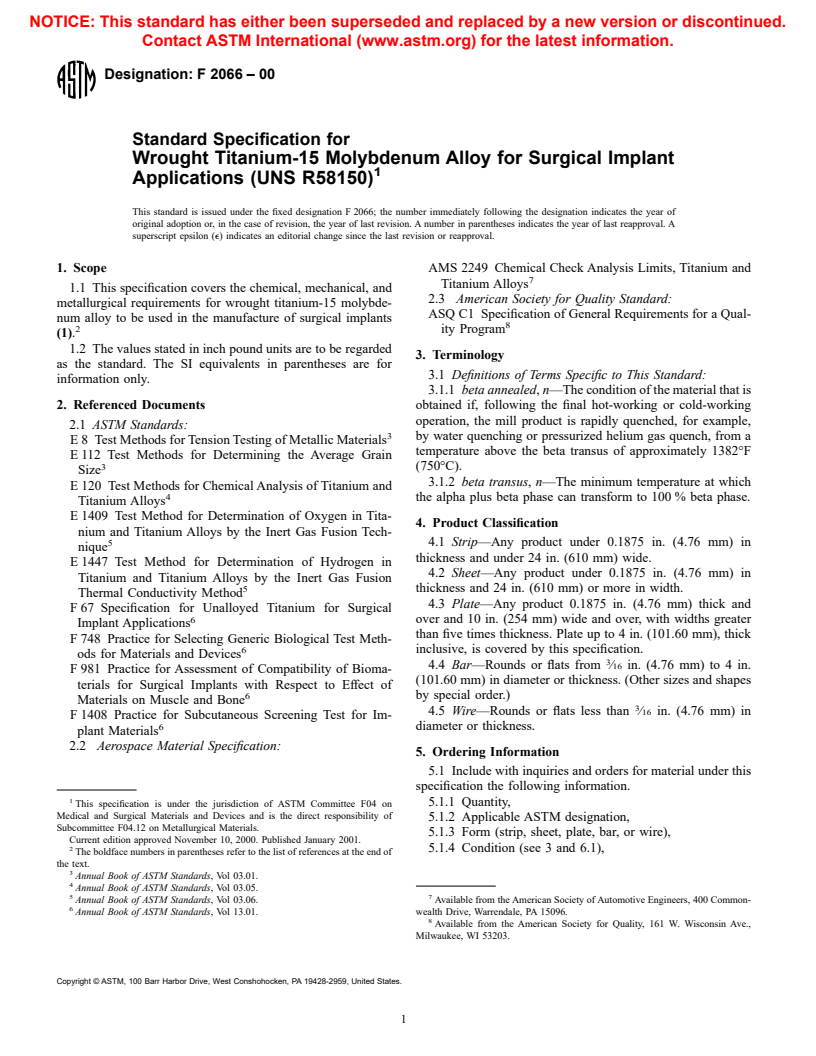 ASTM F2066-00 - Standard Specification for Wrought Titanium-15 Molybdenum Alloy for Surgical Implant Applications (UNS R58150)