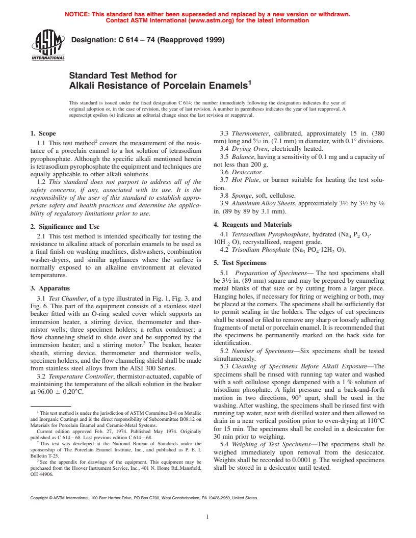 ASTM C614-74(1999) - Standard Test Method for Alkali Resistance of Porcelain Enamels