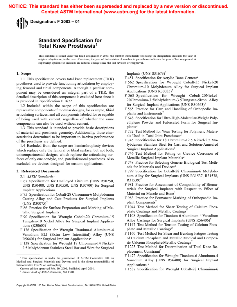 ASTM F2083-01 - Standard Specification for Total Knee Prosthesis