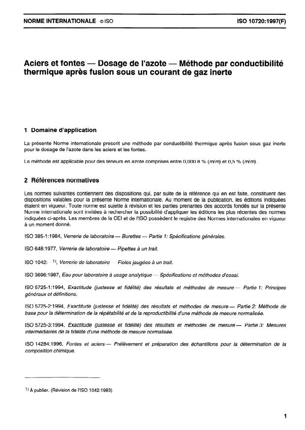 ISO 10720:1997 - Aciers et fontes -- Dosage de l'azote -- Méthode par conductibilité thermique apres fusion dans un courant de gaz inerte