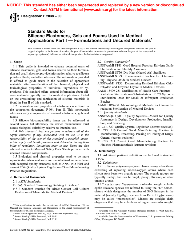 ASTM F2038-00 - Standard Guide for Silicone Elastomers, Gels and Foams Used in Medical Applications Part I - Formulations and Uncured Materials