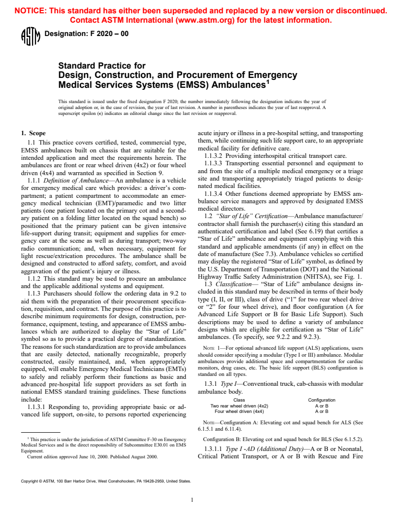 ASTM F2020-00 - Standard Practice for Design, Construction, and Procurement of Emergency Medical Services Systems (EMSS) Ambulances