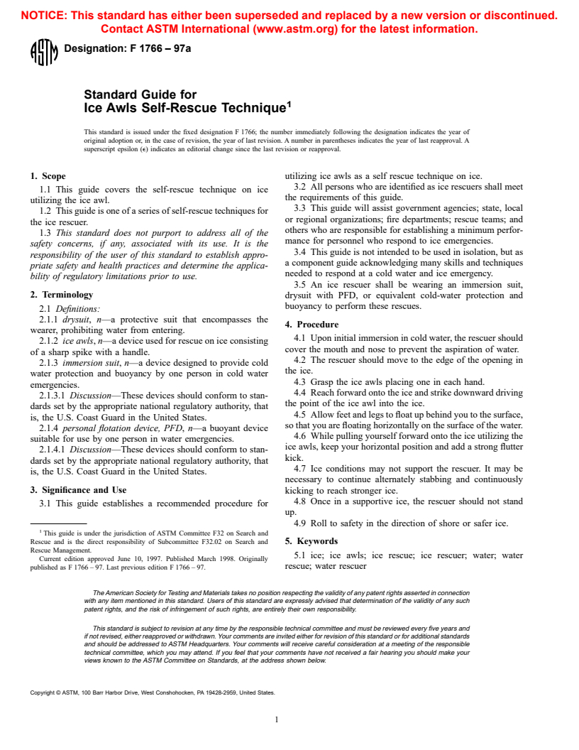 ASTM F1766-97a - Standard Guide for Ice Awis Self-Rescue Technique