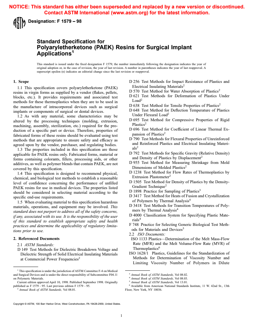 ASTM F1579-98 - Standard Specification for Polyaryletherketone (PAEK) Polymers for Surgical Implant Applications