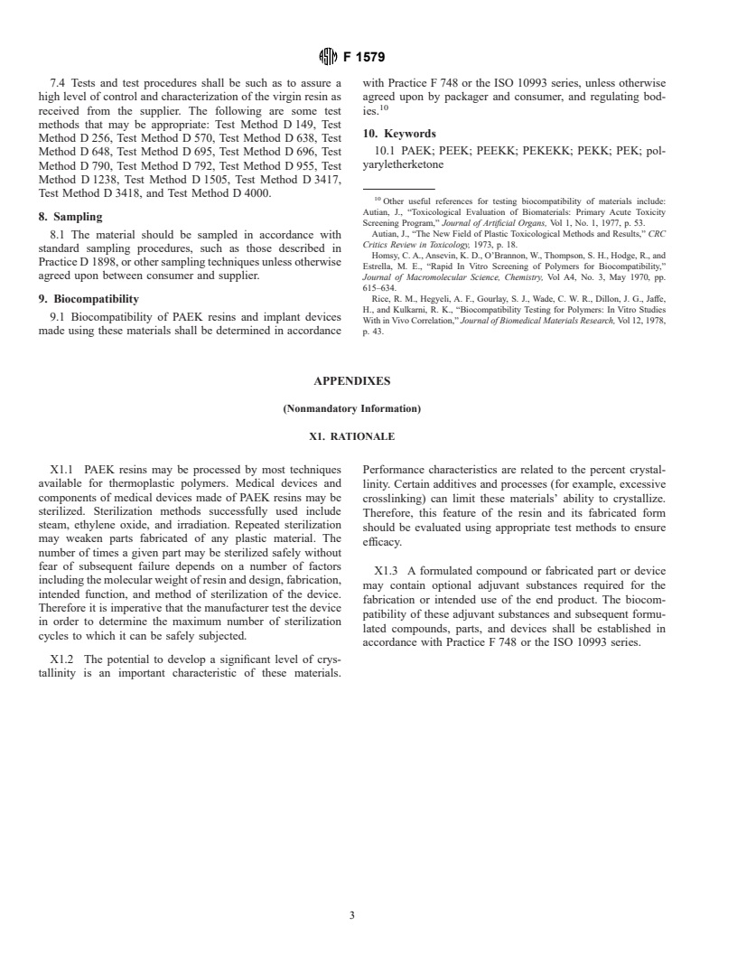 ASTM F1579-98 - Standard Specification for Polyaryletherketone (PAEK) Polymers for Surgical Implant Applications