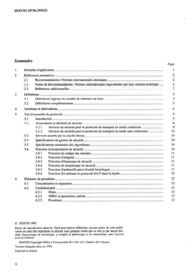 ISO/IEC 10736:1995 ISO/IEC 10736:1995 - Technologies de l'information -- Télécommunications et échange d'information entre systemes -- Protocole de sécurité de la couche transport - Page 2 preview