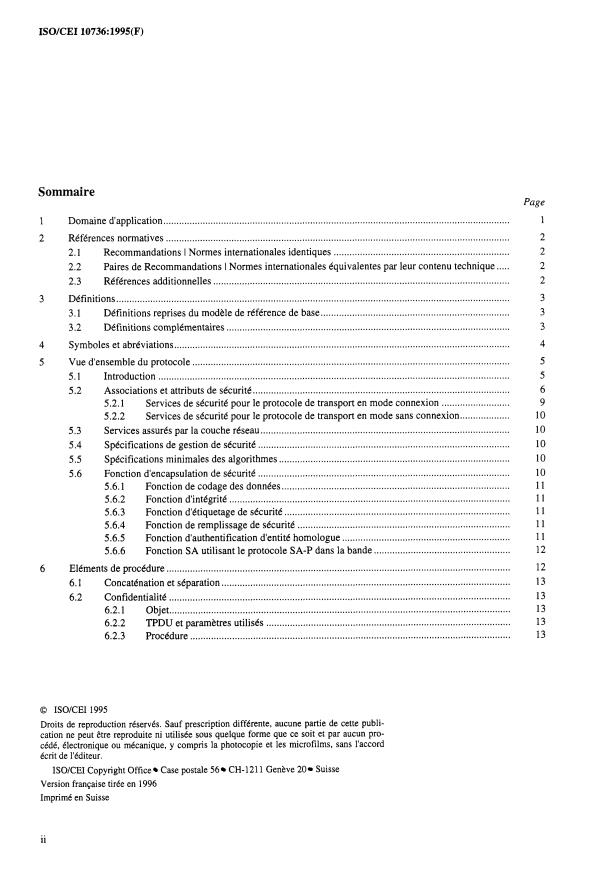 ISO/IEC 10736:1995 ISO/IEC 10736:1995 - Technologies de l'information -- Télécommunications et échange d'information entre systemes -- Protocole de sécurité de la couche transport - Page 2 preview