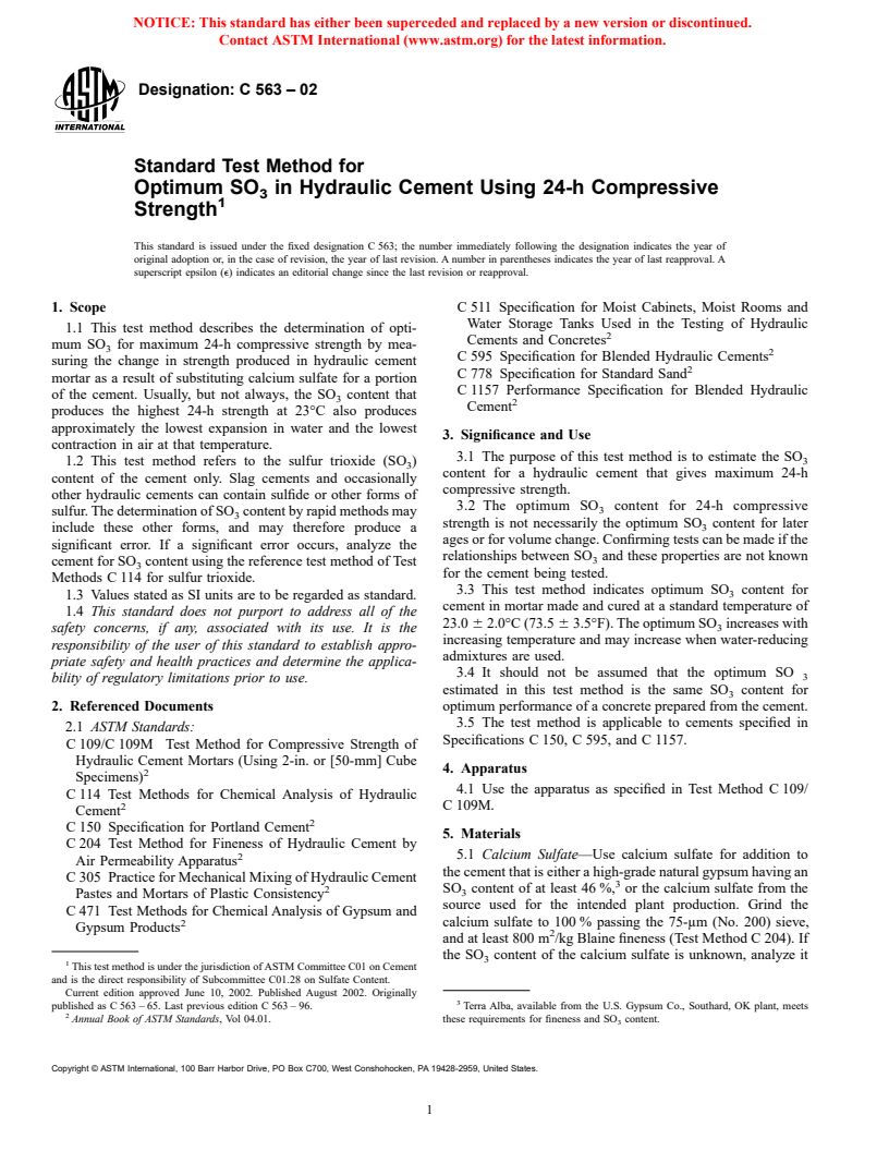 ASTM C563-02 - Standard Test Method for Optimum SO<sub>3</sub> in Hydraulic Cement Using 24-h Compressive Strength