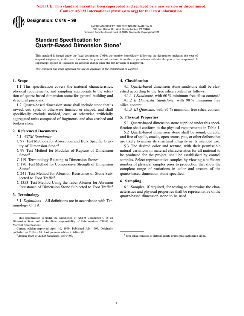 ASTM C616-99 - Standard Specification for Quartz-Based Dimension Stone