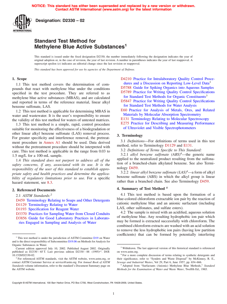 ASTM D2330-02 - Standard Test Method for Methylene Blue Active Substances (Withdrawn 2011)