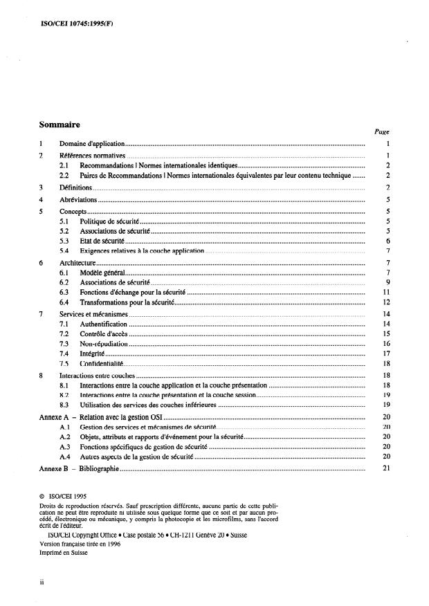 ISO/IEC 10745:1995 ISO/IEC 10745:1995 - Technologies de l'information -- Interconnexion de systemes ouverts (OSI) -- Modele de sécurité pour les couches supérieures - Page 2 preview