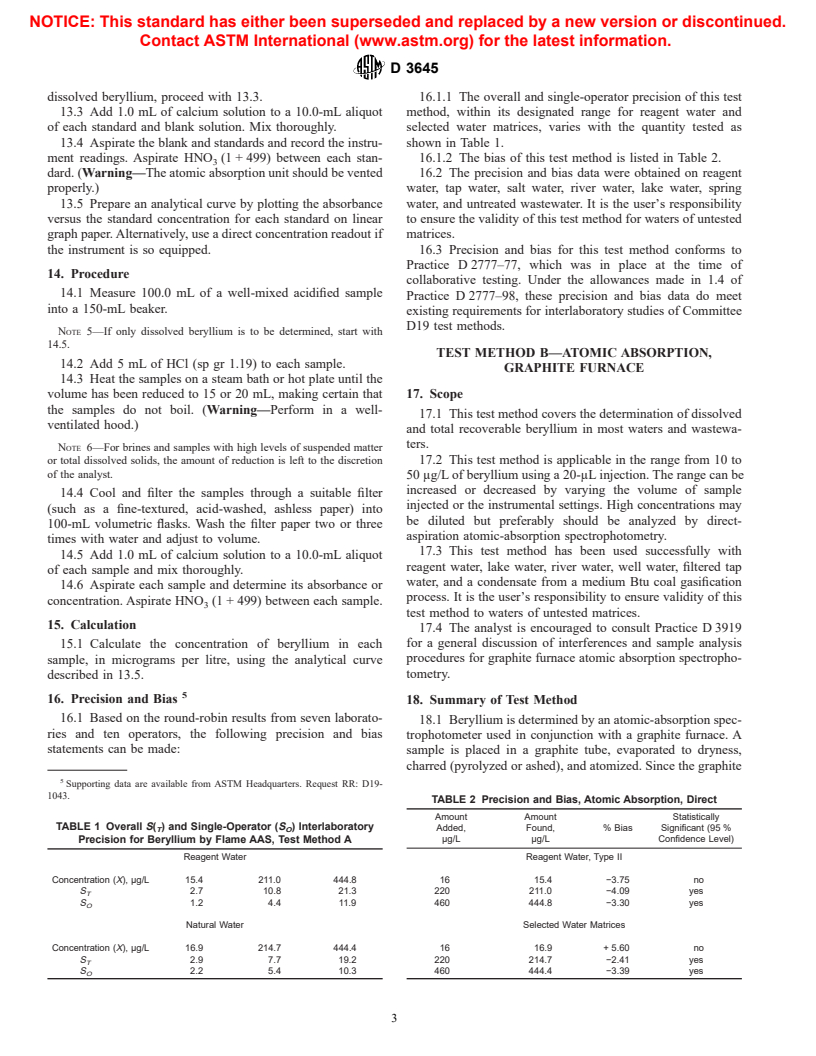 ASTM D3645-02 - Standard Test Methods for Beryllium in Water