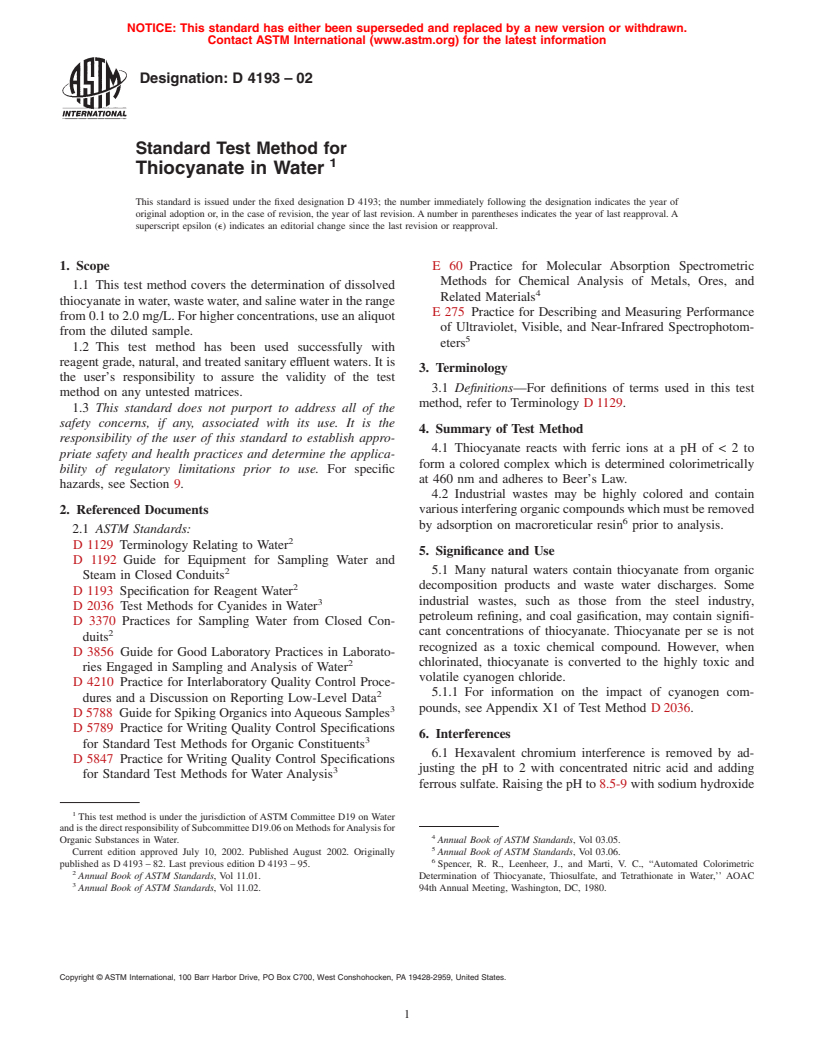 ASTM D4193-02 - Standard Test Method for Thiocyanate in Water