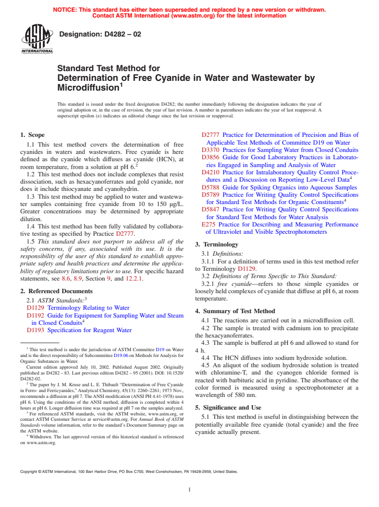 ASTM D4282-02 - Standard Test Method for Determination of Free Cyanide in Water and Wastewater by Microdiffusion