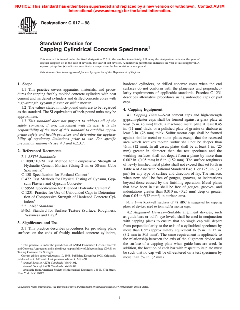 ASTM C617-98 - Standard Practice for Capping Cylindrical Concrete Specimens