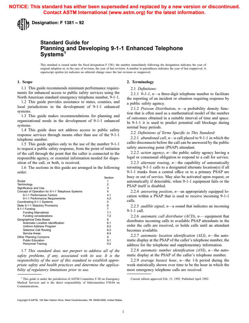 ASTM F1381-92 - Standard Guide for Planning and Developing 9-1-1 Enhanced Telephone Systems