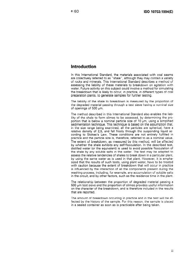 ISO 10753:1994 - Coal preparation plant -- Assessment of the liability to breakdown in water of materials associated with coal seams