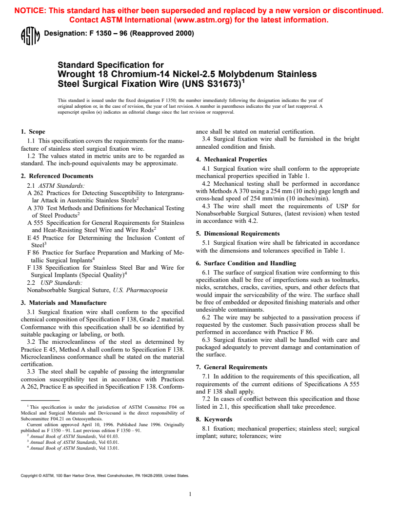ASTM F1350-91(2000) - Standard Specification for Wrought 18 Chromium-14 Nickel-2.5 Molybdenum Stainless Steel Surgical Fixation Wire (UNS S31673)