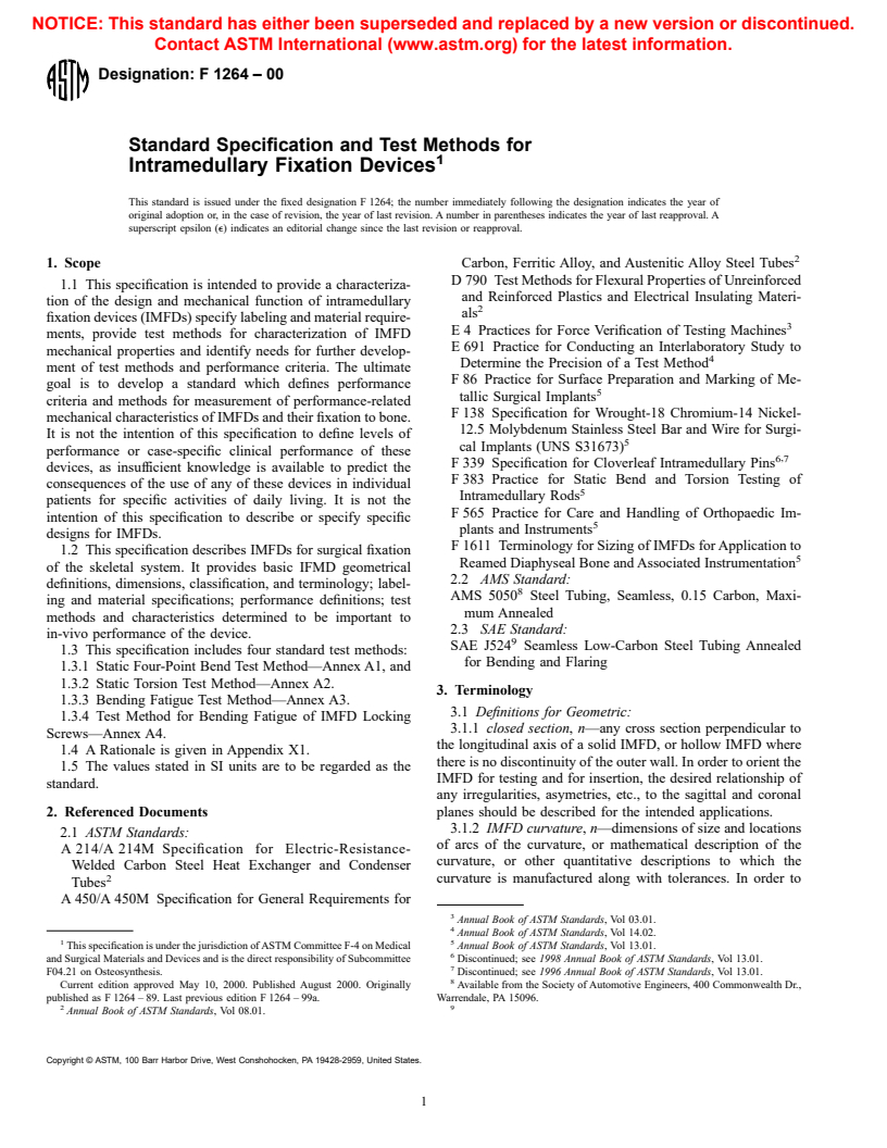 ASTM F1264-00 - Standard Specification and Test Methods for Intramedullary Fixation Devices