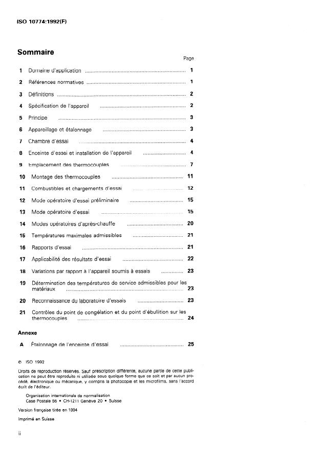 ISO 10774:1992 ISO 10774:1992 - Appareils de chauffage a combustible solide -- Méthode d'essai pour la détermination des dégagements permis par rapport aux surfaces inflammables - Page 2 preview