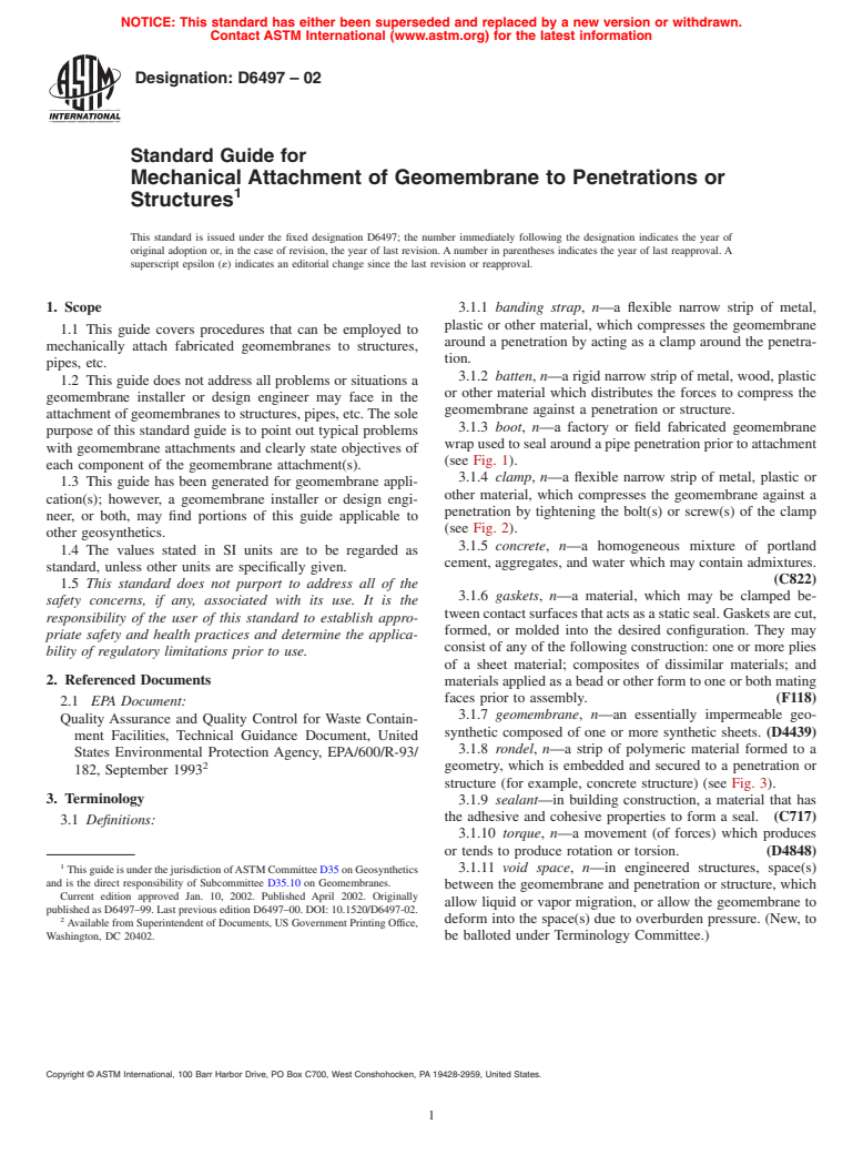 ASTM D6497-02 - Standard Guide for Mechanical Attachment of Geomembrane to Penetrations or Structures