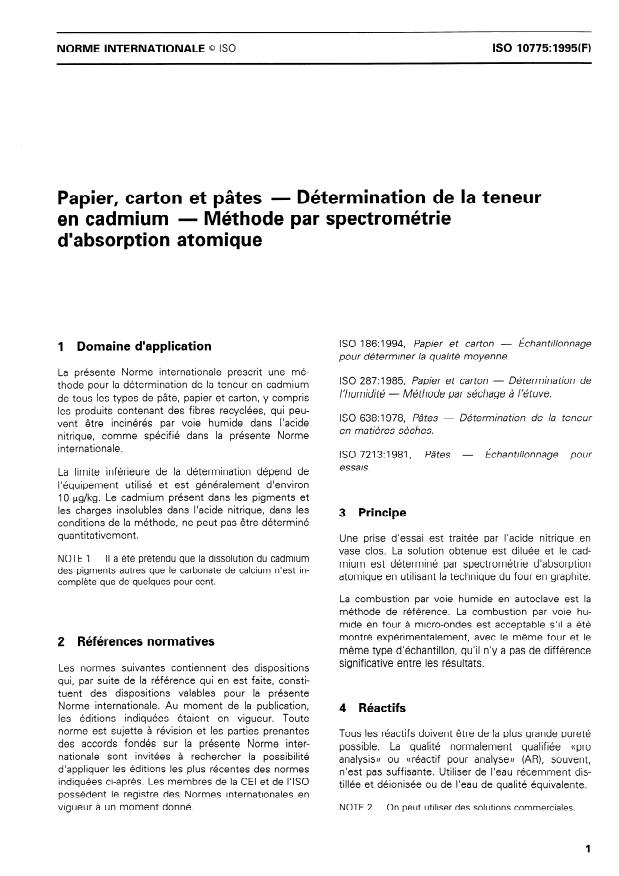 ISO 10775:1995 - Papier, carton et pâtes -- Détermination de la teneur en cadmium -- Méthode par spectrométrie d'absorption atomique