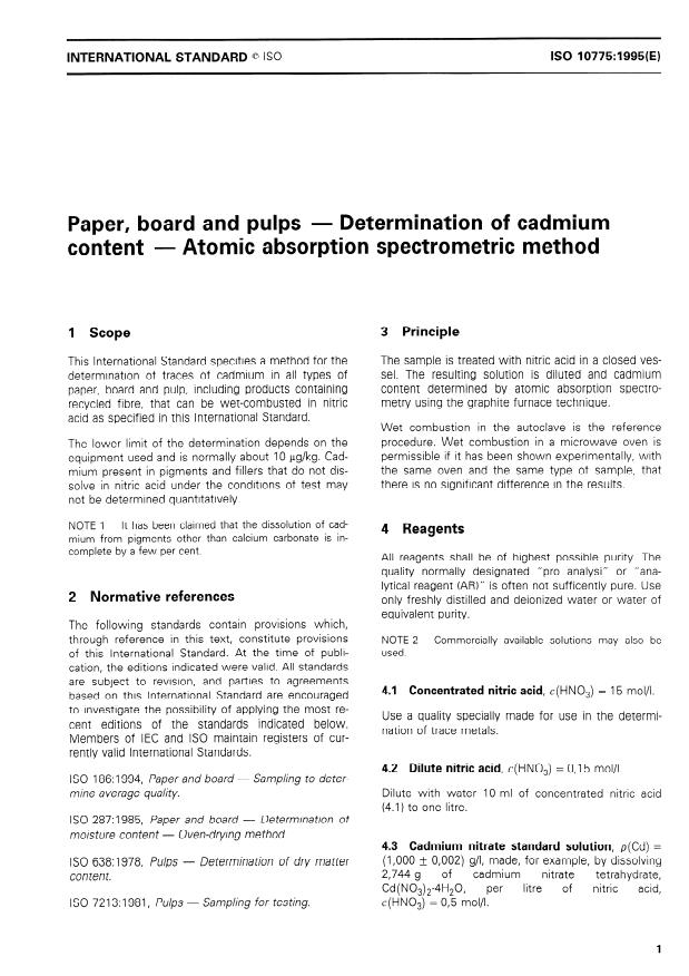 ISO 10775:1995 - Paper, board and pulps -- Determination of cadmium content -- Atomic absorption spectrometric method