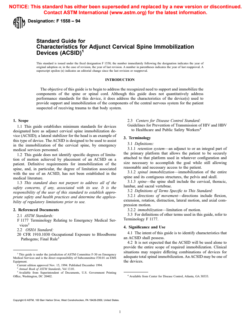 ASTM F1558-94 - Standard Guide for Characteristics for Adjunct Cervical Spine Immobilization Devices (ACSID)