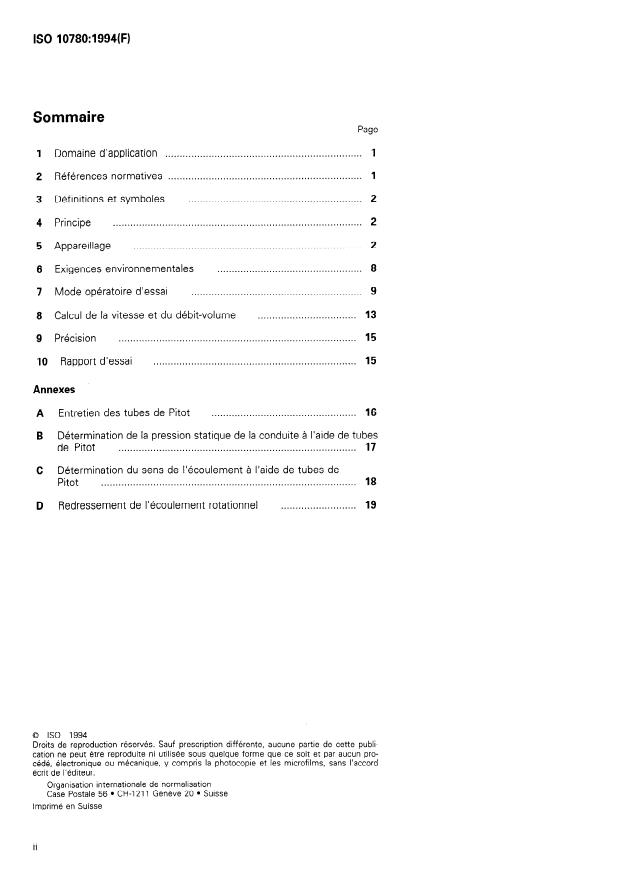 ISO 10780:1994 ISO 10780:1994 - Émissions de sources fixes -- Mesurage de la vitesse et du débit-volume des courants gazeux dans des conduites - Page 2 preview