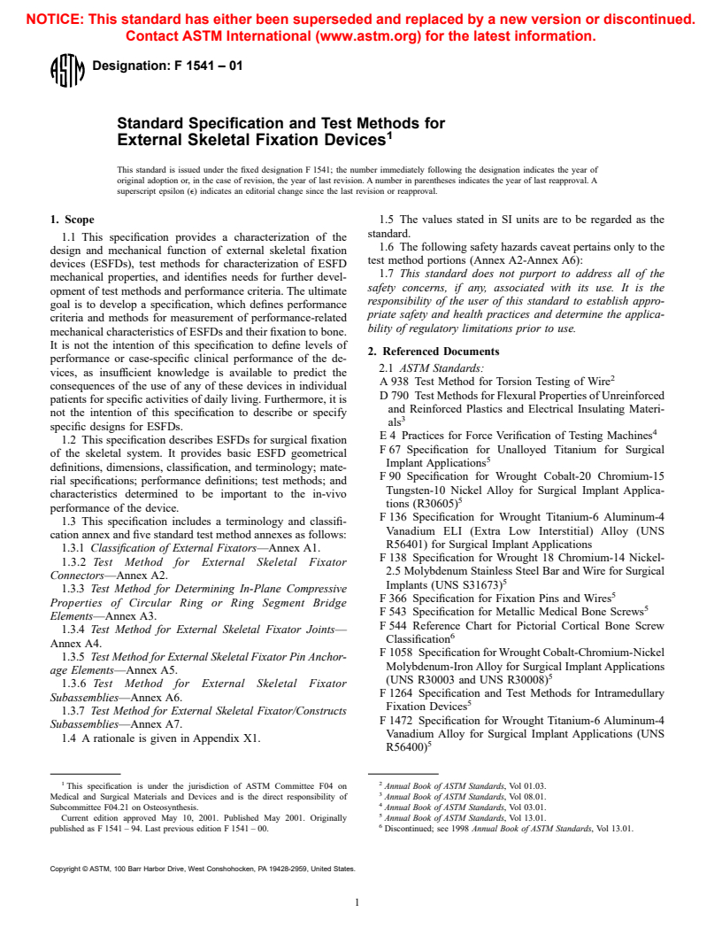 ASTM F1541-01 - Standard Specification and Test Methods for External Skeletal Fixation Devices