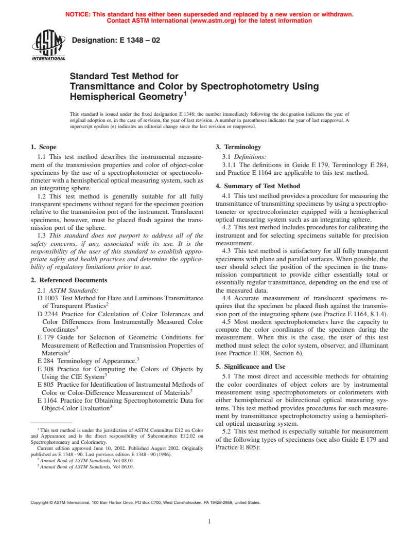 ASTM E1348-02 - Standard Test Method for Transmittance and Color by Spectrophotometry Using Hemispherical Geometry