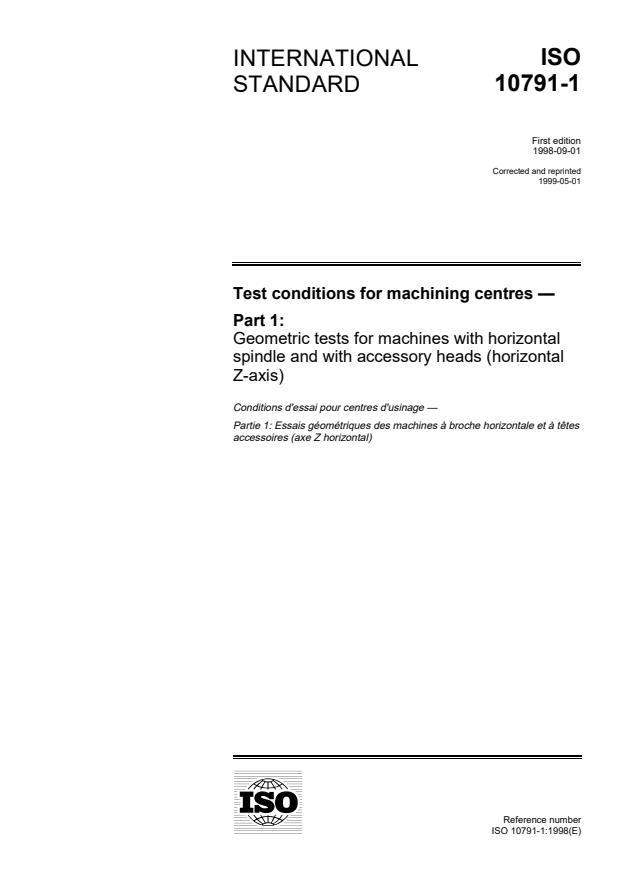 ISO 10791-1:1998 - Test conditions for machining centres