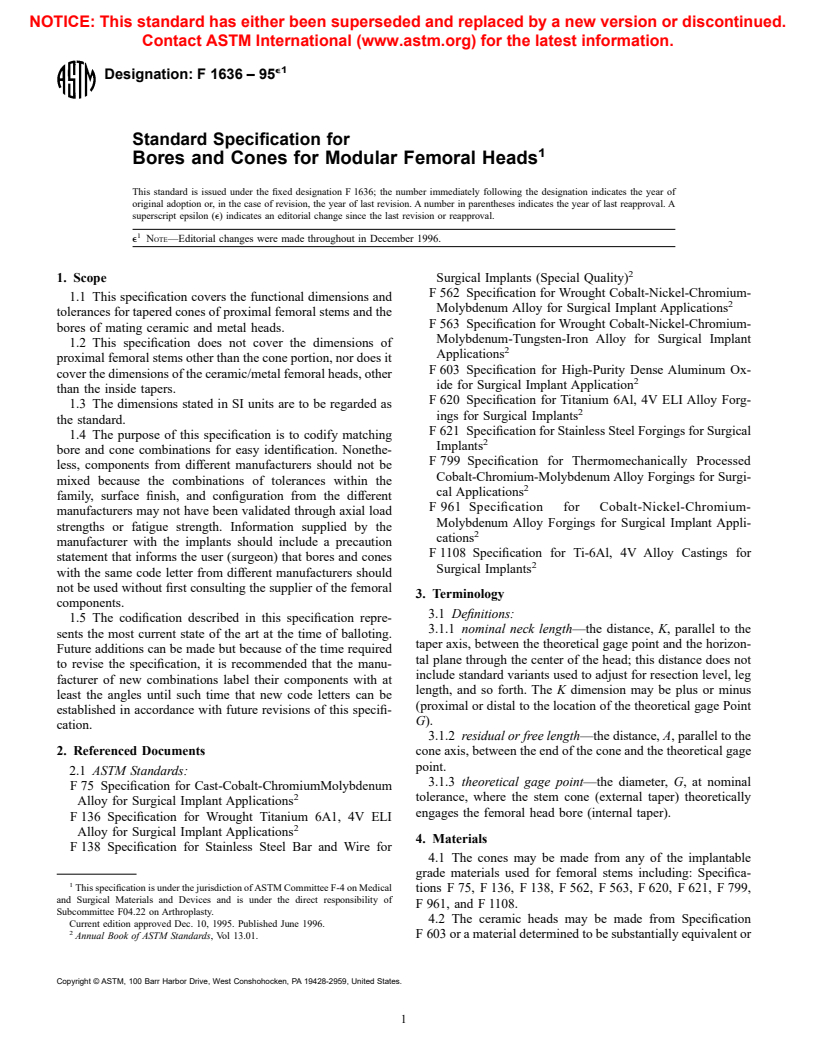 ASTM F1636-95e1 - Specification for Bores and Cones for Modular Femoral Heads (Withdrawn 2001)