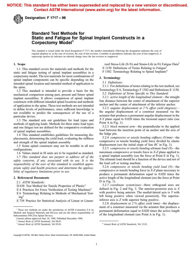 ASTM F1717-96 - Standard Test Methods for Spinal Implant Constructs in a Vertebrectomy Model