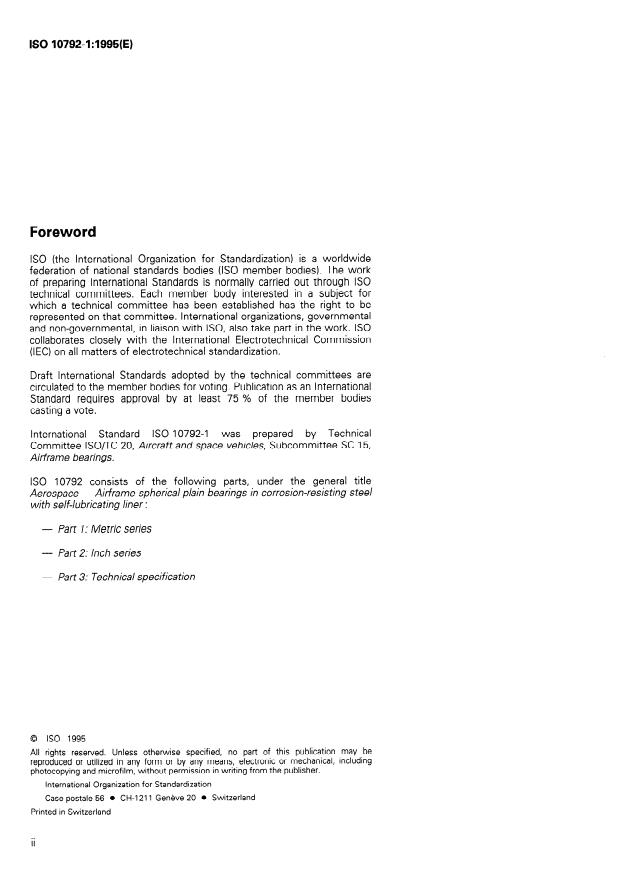 ISO 10792-1:1995 - Aerospace — Airframe spherical plain bearings in