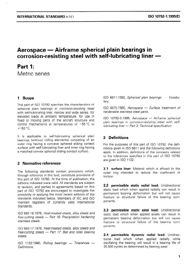 ISO 10792-1:1995 - Aerospace — Airframe spherical plain bearings in
