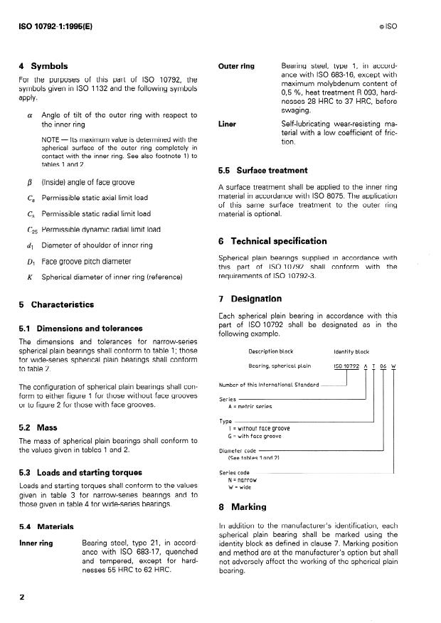 ISO 10792-1:1995 - Aerospace — Airframe spherical plain bearings in
