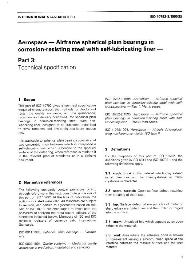 ISO 10792-3:1995 - Aerospace — Airframe spherical plain bearings in