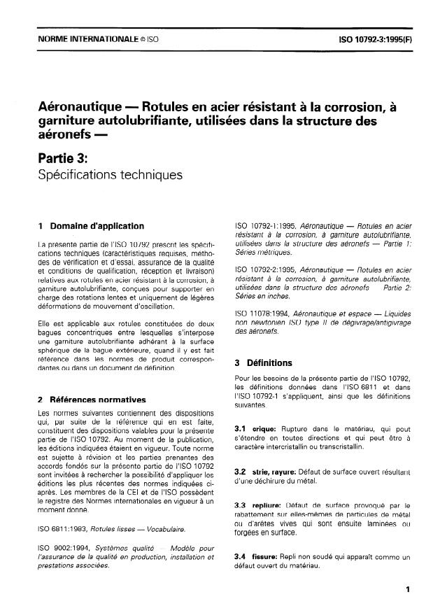 ISO 10792-3:1995 - Aerospace — Airframe spherical plain bearings in
