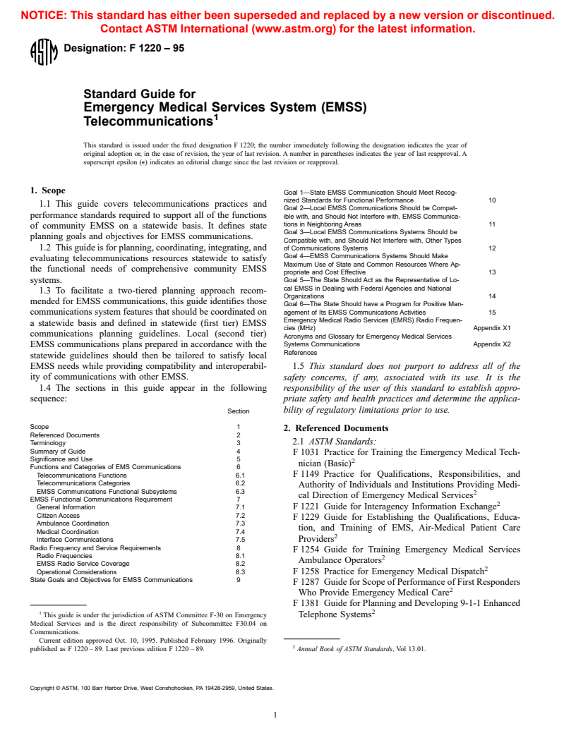 ASTM F1220-95 - Standard Guide for Emergency Medical Services System (EMSS) Telecommunications