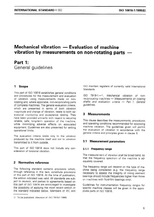 ISO 10816-1:1995 - Mechanical vibration -- Evaluation of machine vibration by measurements on non-rotating parts
