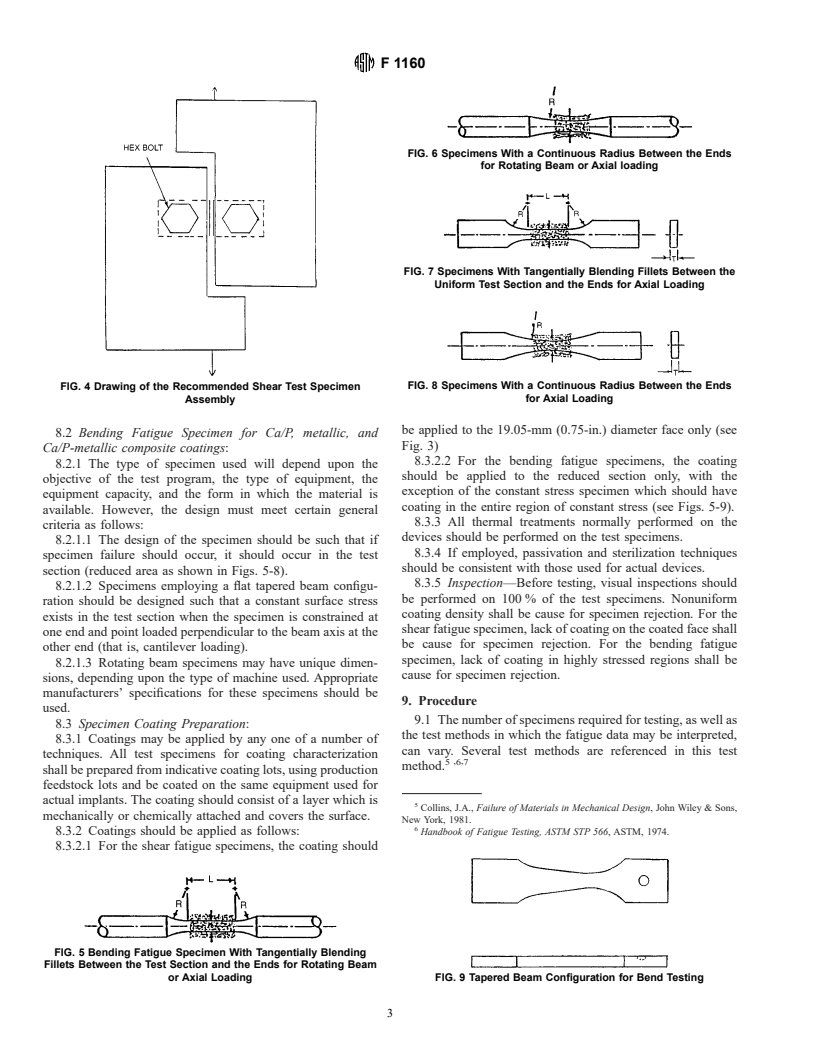 ASTM F1160-00 - Standard Test Method for Shear and Bending Fatigue Testing of Calcium Phosphate and Metallic Medical and Composite Calcium Phosphate/Metallic Coatings