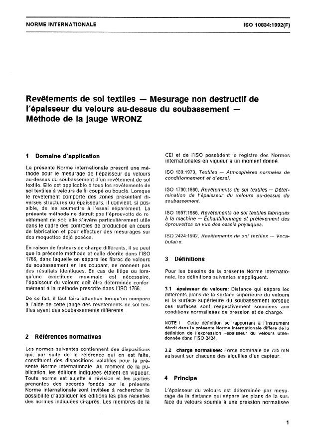 ISO 10834:1992 - Revetements de sol textiles -- Mesurage non destructif de l'épaisseur du velours au-dessus du soubassement -- Méthode de la jauge WRONZ