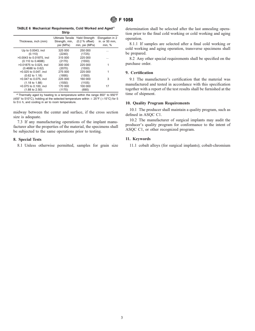 ASTM F1058-97 - Standard Specification for Wrought 40Cobalt-20Chromium-16Iron-15Nickel-7Molybdenum Alloy Wire and Strip for Surgical Implant Applications (UNS R30003 and UNS R30008)