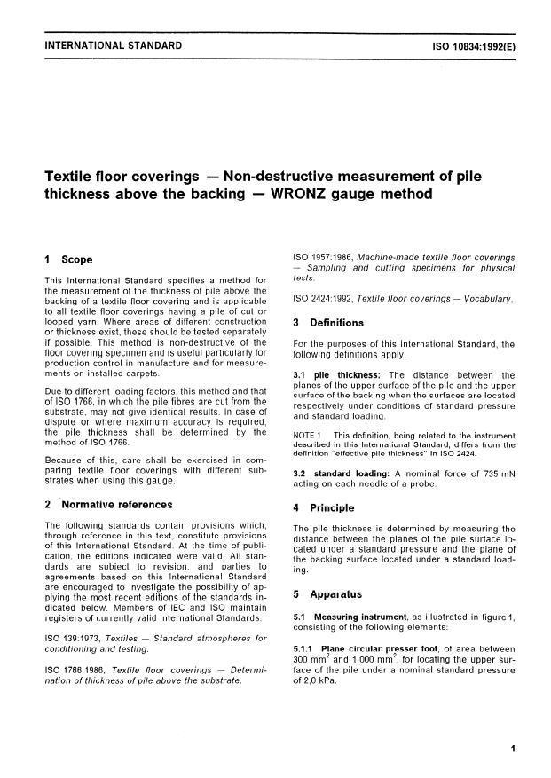 ISO 10834:1992 - Textile floor coverings -- Non-destructive measurement of pile thickness above the backing -- WRONZ gauge method