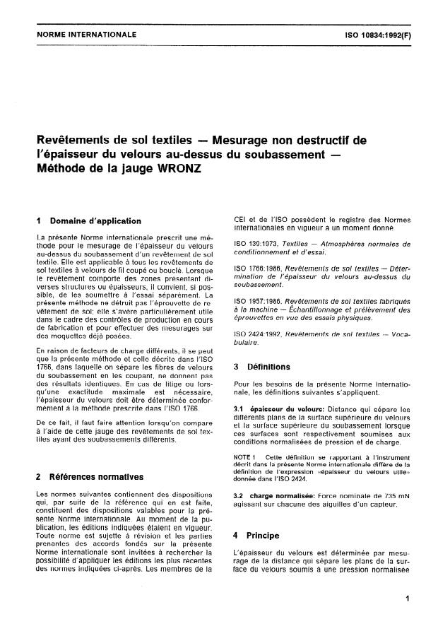 ISO 10834:1992 - Revetements de sol textiles -- Mesurage non destructif de l'épaisseur du velours au-dessus du soubassement -- Méthode de la jauge WRONZ